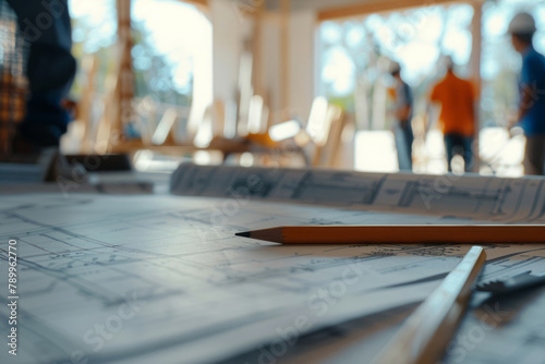 A closeup of an architectural blueprint on a table, with construction workers in the blurred background, the focus being on one side of the blueprints. photo