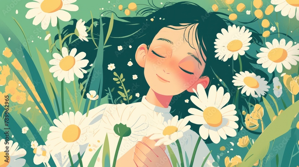 A charming 2d illustration featuring a small cartoon girl peacefully resting among the chamomile flowers