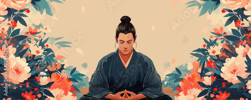 Samurai meditating in blooming garden vintage style vector illustration