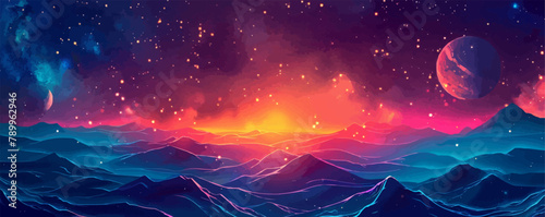 Abstract space journey, with bright stars and galaxies in the background. Vector flat minimalistic isolated illustration in digital art style.