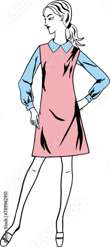 Vector fashion image young woman in retro vintage dress, silhouette with fillings can be edited