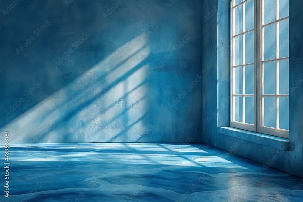 Obraz premium A light blue backdrop with window shadow and sun rays provides a minimal scene for showcasing products.