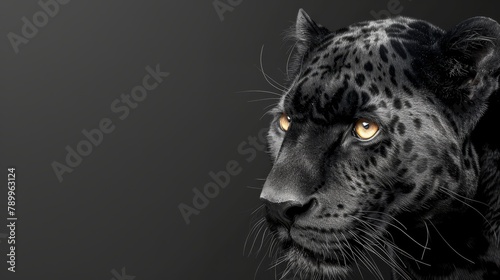  A tight shot of a black leopard's face displays its yellow eyes