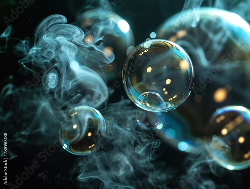 Mystical Mix Soap Bubbles with Swirling Smoke Against Dark Background