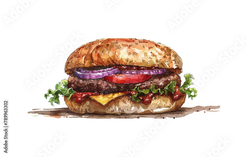 Hand drawn vector bread burger illustration with meatloaf tomato vegetarian dish, white background, delicious food for lunch and dinner, fast food ar