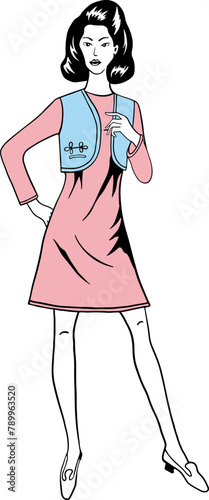 Vector fashion image young woman in retro vintage dress, silhouette with fillings can be edited