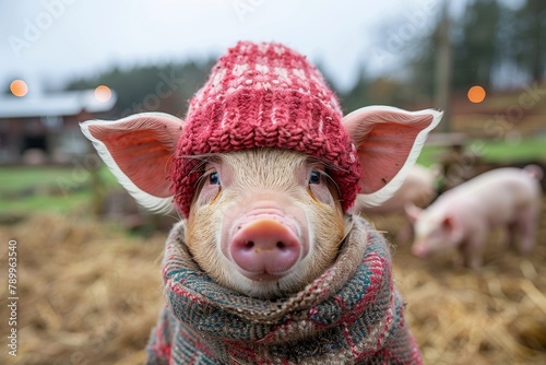 An endearing pig wearing a red knitted hat and scarf gazes into the camera, symbolizing warmth and care photo