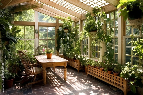 Solarium Sunroom Oasis: Vine-Covered Trellis and Aromatic Herb Planters Delight