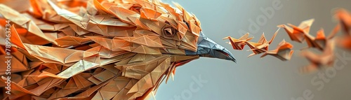 Closeup of a majestic paper bird, edges frayed as if torn from a sheet, leading a dynamic formation of smaller birds, metaphor for innovative leadership , digital photography