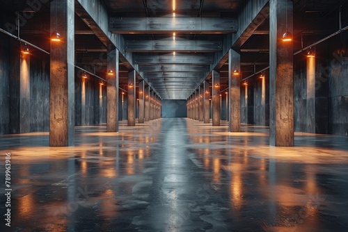 A sleek, modern underground corridor with symmetrical concrete pillars illuminated by warm hanging lights