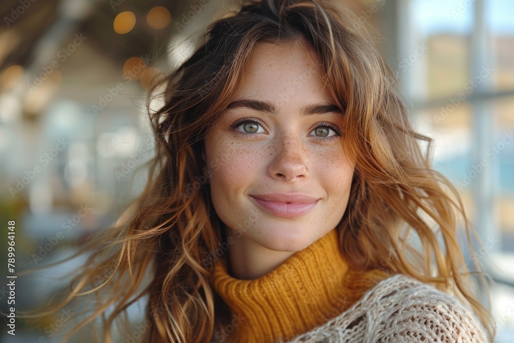 Young woman with curly hair and freckles smiles in natural daylight inside a modern building Young woman with curly hair and freckles smiles in natural daylight inside a modern building