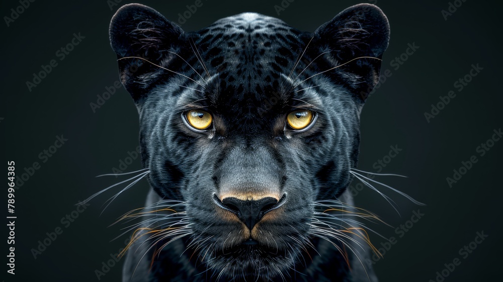 A tight shot of a black leopard's face against a black backdrop, its brilliant yellow eyes piercing the darkness A tight shot of a black leopard's face against a black backdrop, its brilliant yellow eyes piercing the darkness