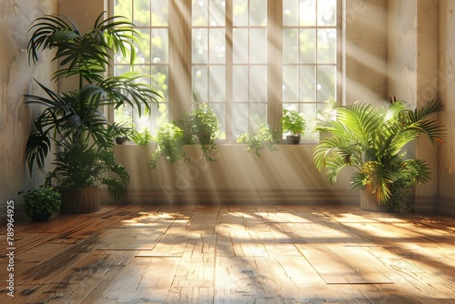 Gentle sunlight streams through a large window  casting an inviting glow on room plants creating a soft ambiance