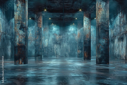 An atmospheric depiction of an abandoned, weathered interior of an industrial warehouse with standing water on floor photo