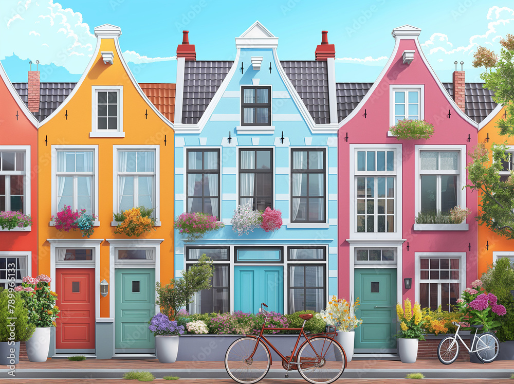 Colorful City street buildings with trees illustration, a flat style design. Urban landscape