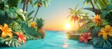 Serene Tropical Paradise with Vibrant Foliage Swaying Palms and a Stunning Sunset Backdrop
