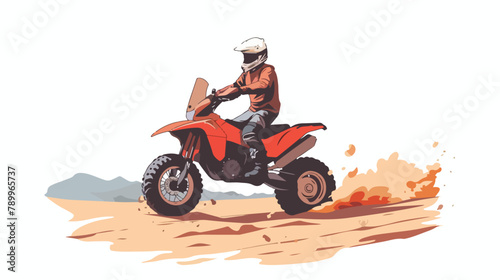 Young man riding on the ATV motorcycle in desert. vector