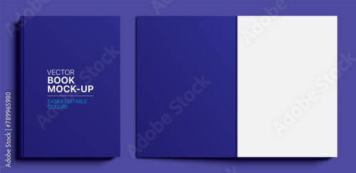 Blue book cover and title page realistic vector mockup. Closed and opened book on blue background. © Topuria Design