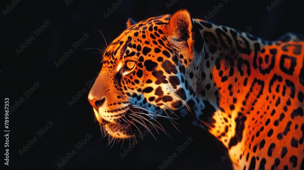 Obraz premium A tight shot of a leopard's face against a black backdrop, its orange and black spotted fur distinctly visible