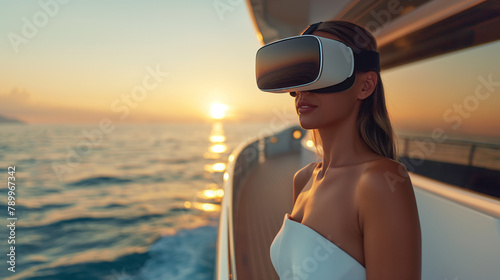 woman at vacantion relaxing at yacht , in opean sea, using virtual reality googles. Sunset photo