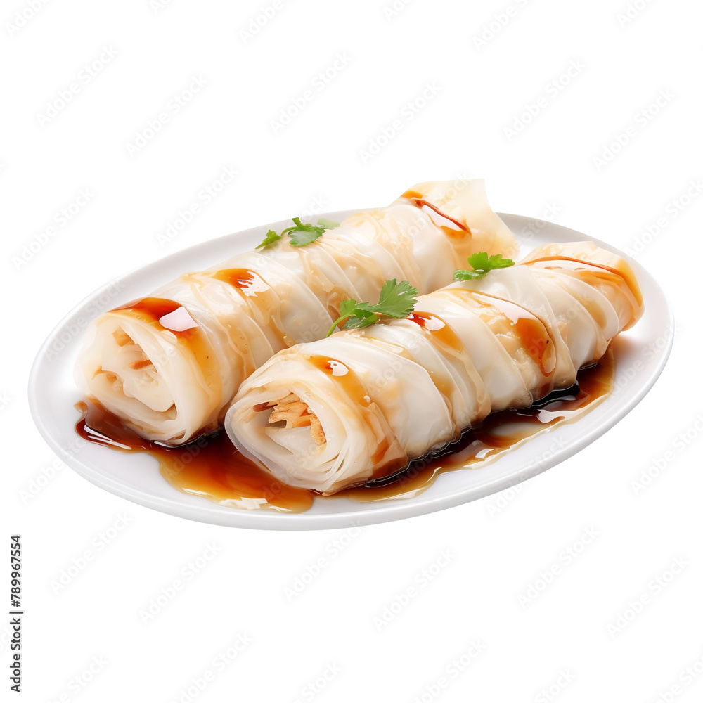 Delicious and Yummy Cheung Fun Rice Noodle Rolls Isolated On White Background Delicious and Yummy Cheung Fun Rice Noodle Rolls Isolated On White Background