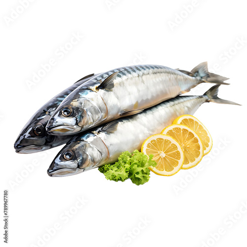 Fresh fish with herbs and lemon slices isolated on PNG background. Generative AI.