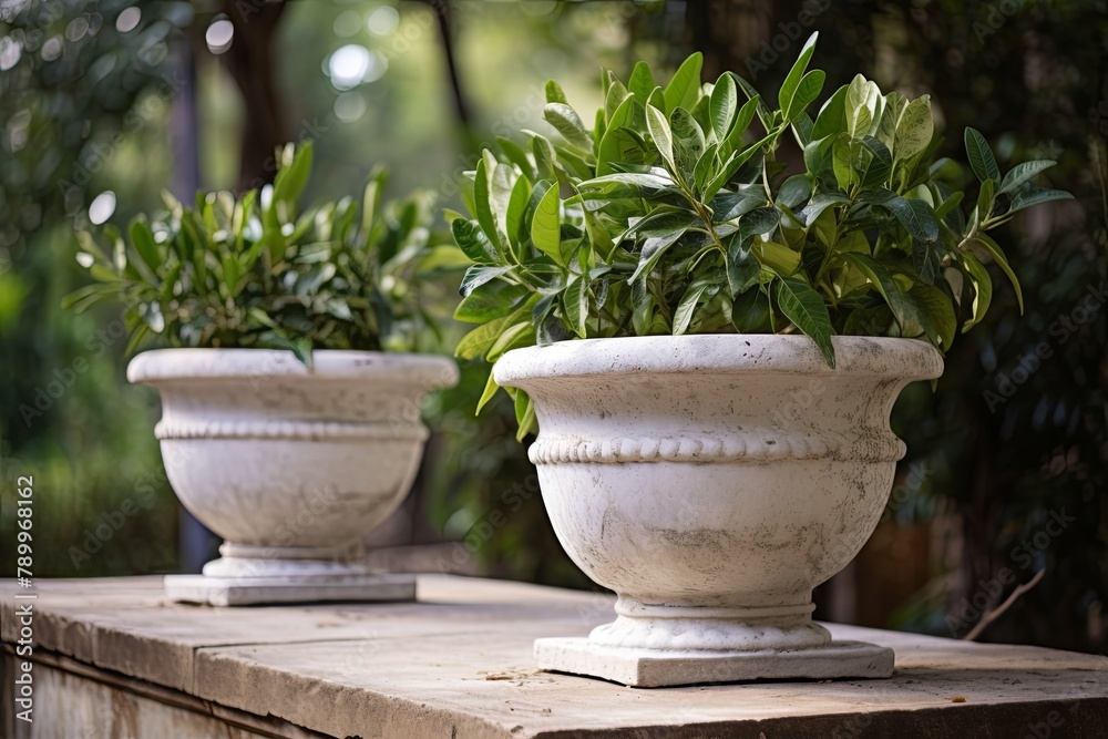 Potted Bay Laurels and Aged Marble Fountain: Tuscan Herbalist Terrace Gardens Potted Bay Laurels and Aged Marble Fountain: Tuscan Herbalist Terrace Gardens
