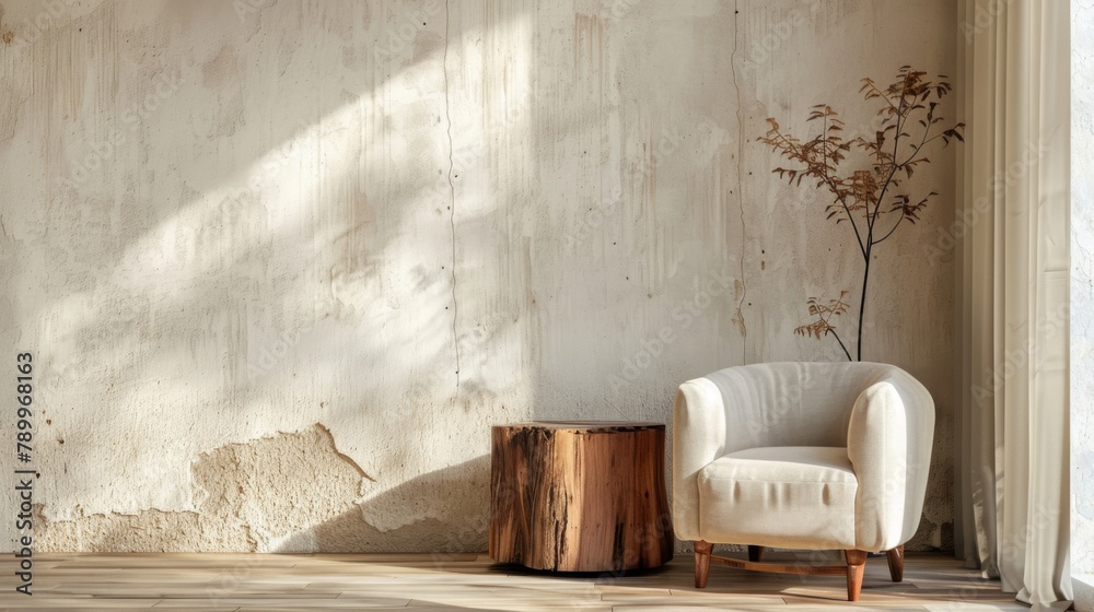 A white chair sits in front of a wall with a tree on it. The room is empty and has a minimalist feel A white chair sits in front of a wall with a tree on it. The room is empty and has a minimalist feel
