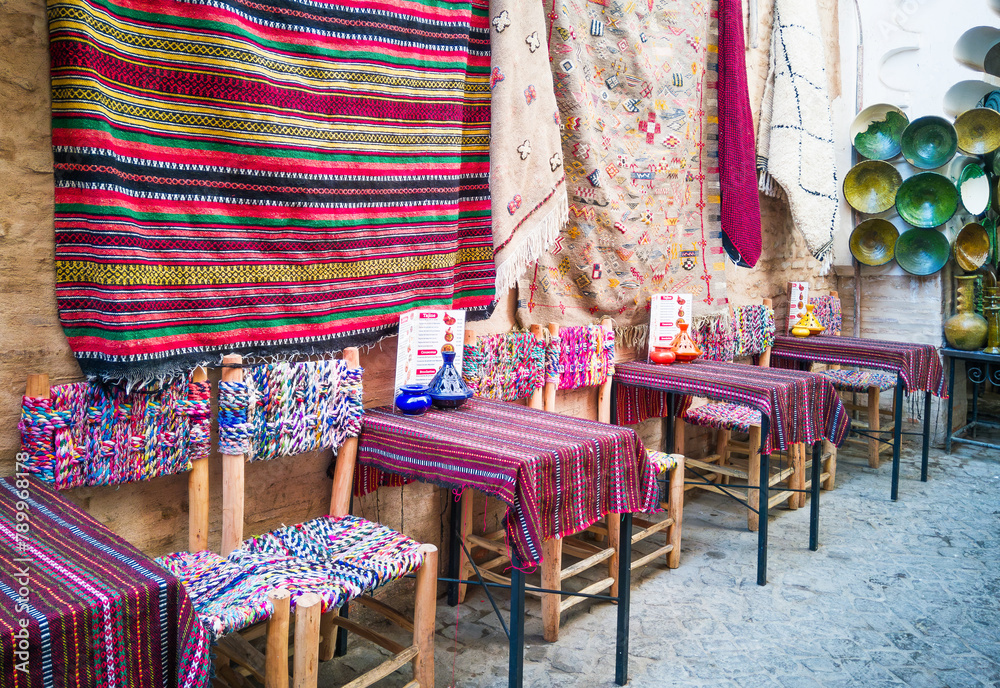 Marrakesh, Morocco. Restaurant tables in the souk market.