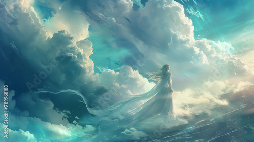 woman in evening dress floating in the sky