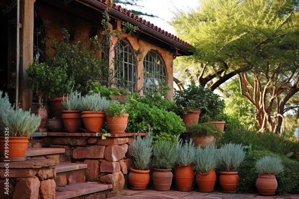 Tuscan Herbalist Terrace: Terracotta Pots, Climbing Rosemary, Olive Tree Centerpieces