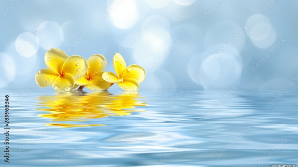 A collection of yellow blooms bobbing atop a water body, beneath a vivid blue sky A collection of yellow blooms bobbing atop a water body, beneath a vivid blue sky