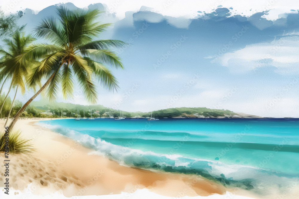 acuarela de playa tropical. verano acuarela de playa tropical. verano