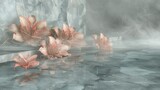   A cluster of pink blossoms rests atop a water basin, abutting a stony wall Steam escapes from it