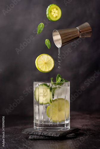 Drink photography of cocktail; lime; mint, cucumber, gin, tonic, shot, jigger, mocktail; mojito; rum; beverage; drink; lemonade; levitation, celebration; party; event; glamour