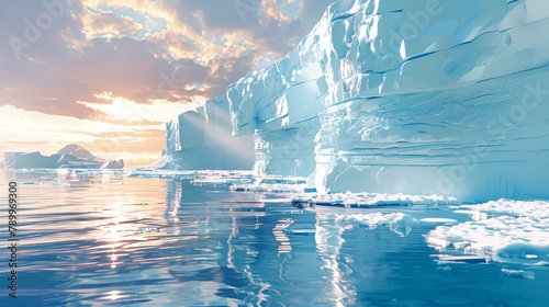 Antarctic sunrise landscape. Global warming. North background