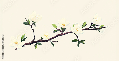 Blooming white flowers on a branch in autumn on a light background. Traditional Chinese painting. Banner