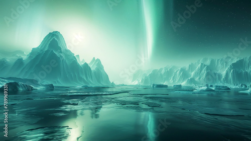 Huge pieces of Antarctic ice are melting in the water. Aurora shinindg landscape background