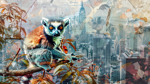 Wildlife concept. Exotic fantasy collage banner. Illustration of jungle plants, big city , lemur