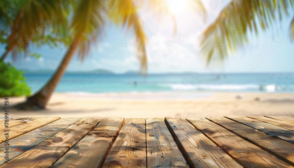 Fototapeta premium A wooden table on a tropical beach with palm trees and the ocean in the background.