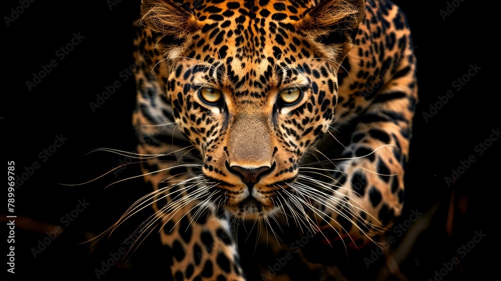 A tight shot of a leopard's face against a black backdrop, its visage slightly blurred A tight shot of a leopard's face against a black backdrop, its visage slightly blurred