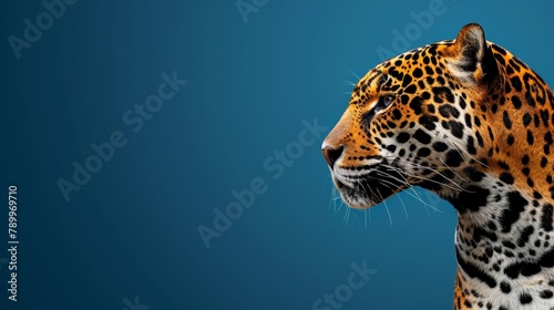  A tight shot of a leopard's head against a blue backdrop, displaying just the animal's head