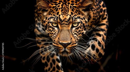   A tight shot of a leopard's face against a black backdrop, its visage slightly blurred