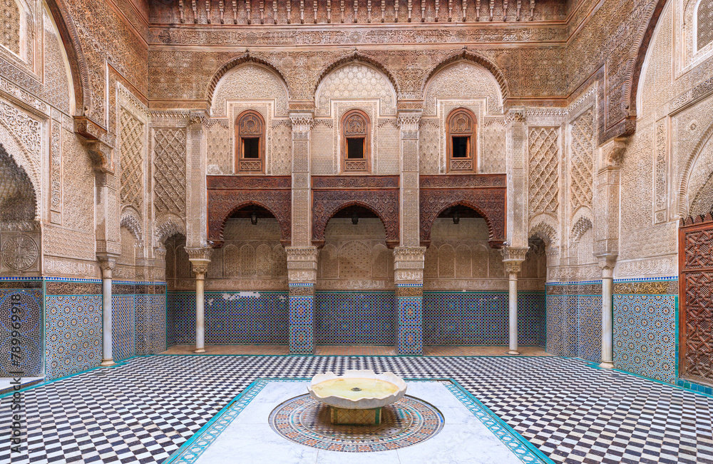 Fez or Fes, Morocco. Courtyard of the Al-Attarine Madrasa.