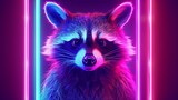   A tight shot of a raccoon's face encircled by a neon frame in the image's center