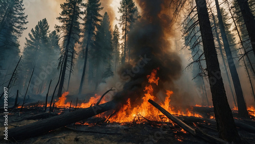 A forest fire, burning trees engulfed in flames, a natural disaster