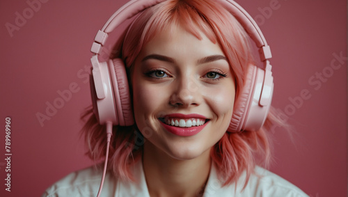 The young girl with pink hair, wearing pink headphones, is listening to music and smiling, with a pink background behind her