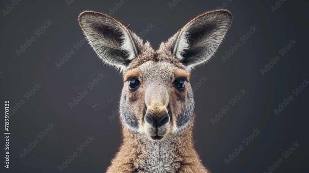A clear close-up of a kangaroo's face against a black backdrop A clear close-up of a kangaroo's face against a black backdrop
