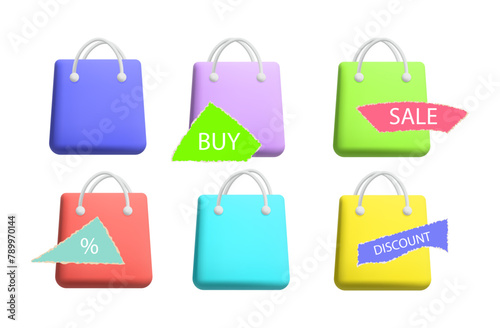 Showcase of bags. Sale of goods with big discounts. Set of bags at reduced prices, percentages. Gift holiday women's bags in yellow, pink, green. Fashion collection. Interesting shopping. Veсtor