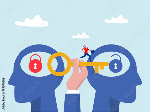 hand people holding big key for unlock think growth mindset different fixed mindset concept vector